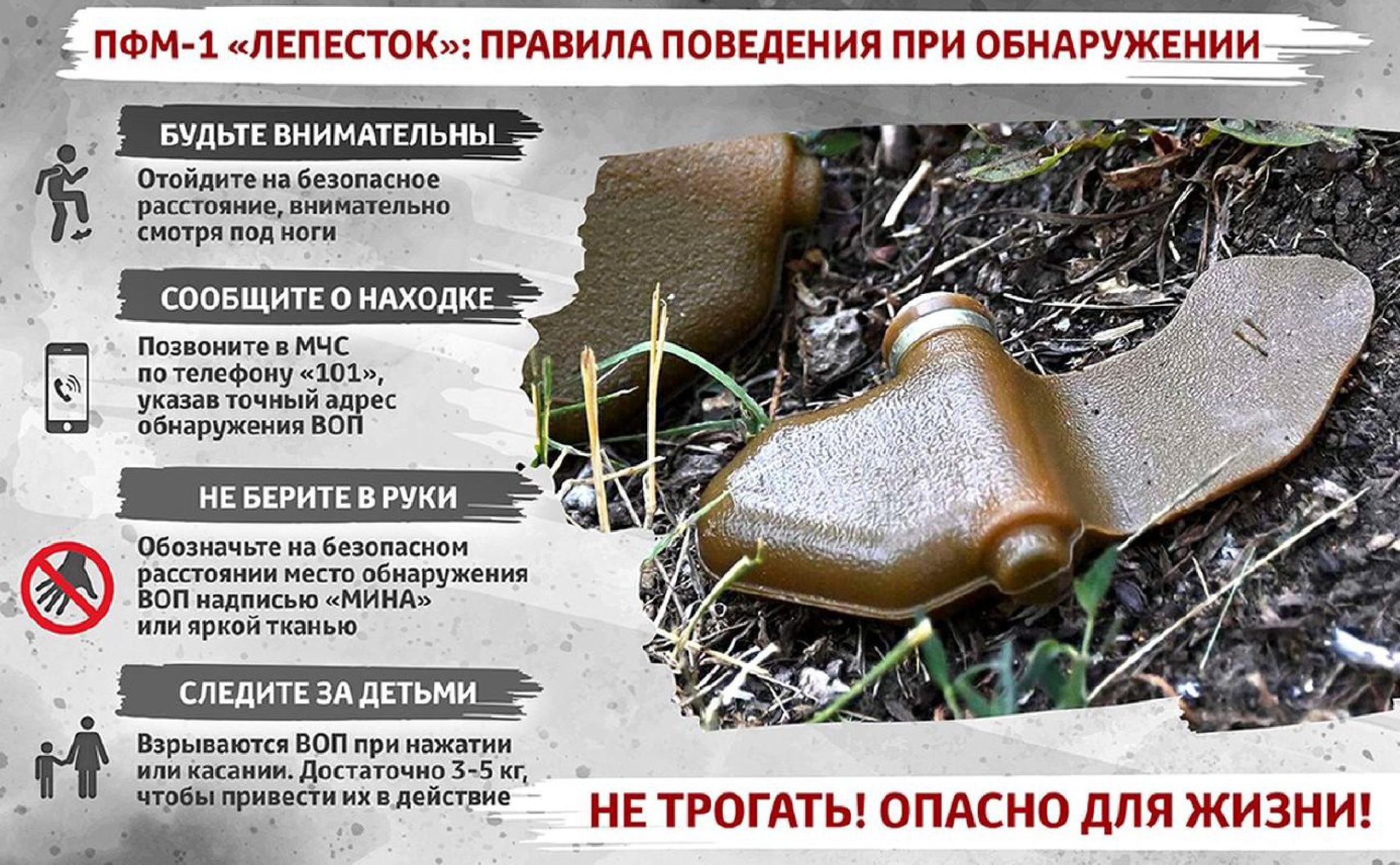 Памятка: Правила поведения при обнаружении мины ПФМ-1 "Лепесток"